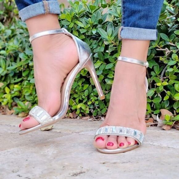 Women's Silver Jeweled Open Toe Heels Sandals - Picture 1 of 6